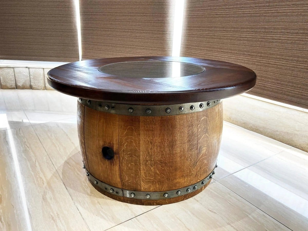 Oak Wood Wine Barrels Mid-Barrel Coffee Table With Removable Glass Top - Wine/Whiskey/Bourbon Barrel Storage Table - Rustic Furniture