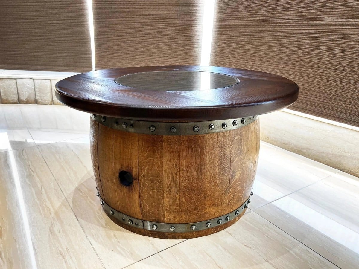 Oak Wood Wine Barrels Mid-Barrel Coffee Table With Removable Glass Top - Wine/Whiskey/Bourbon Barrel Storage Table - Rustic Furniture