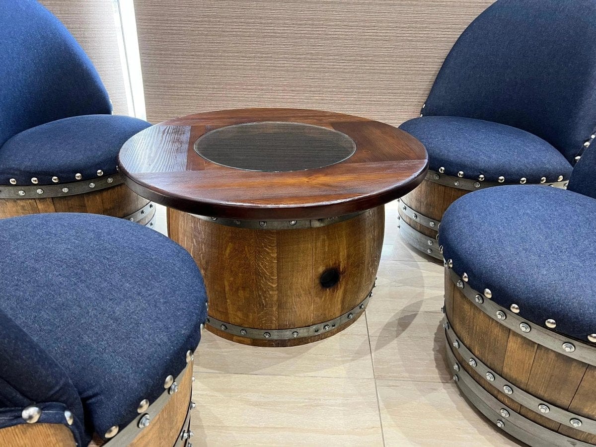 Oak Wood Wine Barrels Mid-Barrel Coffee Table With Removable Glass Top - Wine/Whiskey/Bourbon Barrel Storage Table - Rustic Furniture