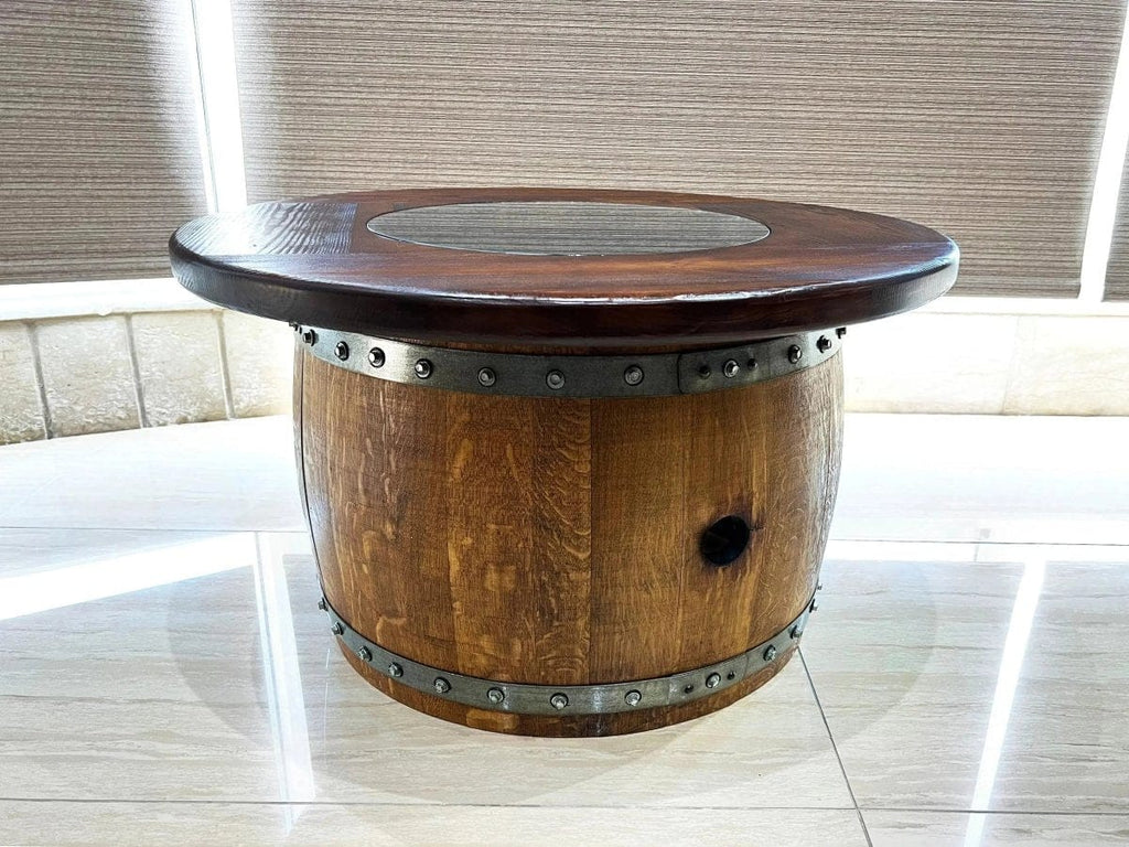 Oak Wood Wine Barrels Mid-Barrel Coffee Table With Removable Glass Top - Wine/Whiskey/Bourbon Barrel Storage Table - Rustic Furniture