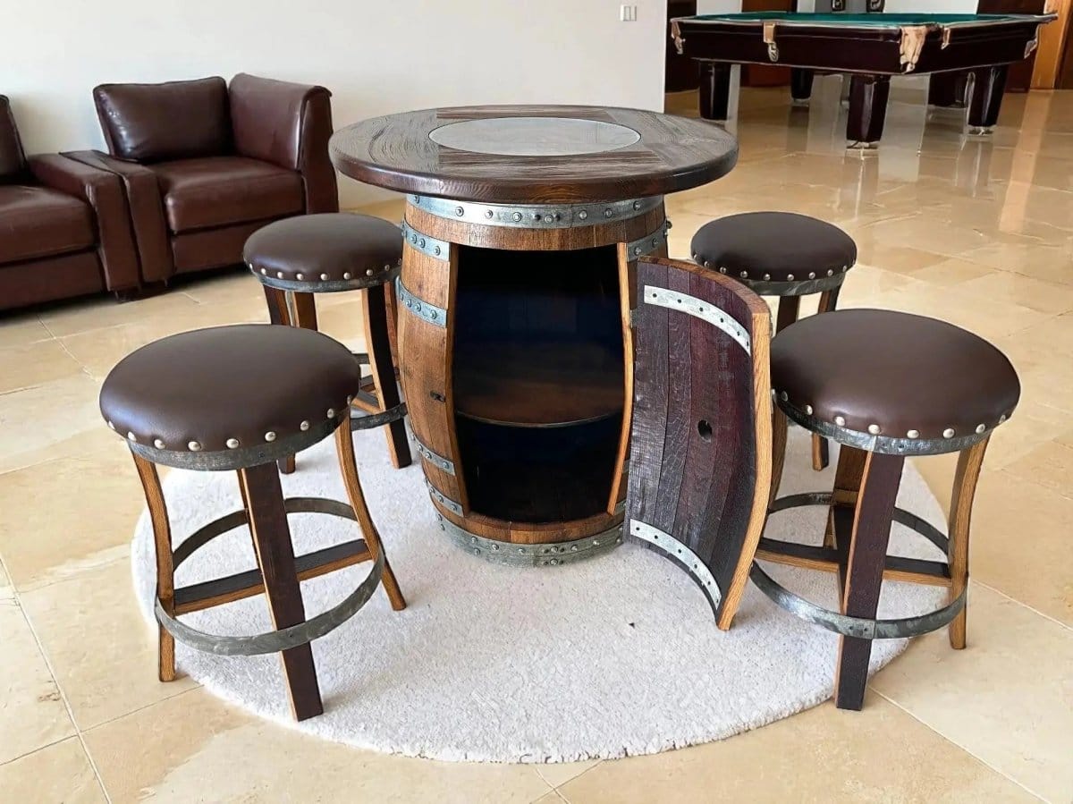 Oak Wood Wine Barrels Oak Barrel Pub Table Set, Counter Height Wood Glass Top, Cabinet Storage, Bar Stools, Home Bar, Man Cave - Handmade from Family Business