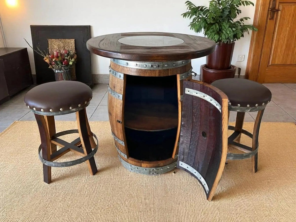 Oak Wood Wine Barrels Oak Barrel Pub Table Set, Counter Height Wood Glass Top, Cabinet Storage, Bar Stools, Home Bar, Man Cave - Handmade from Family Business