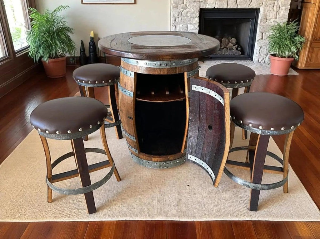 Oak Wood Wine Barrels Oak Barrel Pub Table Set, Counter Height Wood Glass Top, Cabinet Storage, Bar Stools, Home Bar, Man Cave - Handmade from Family Business
