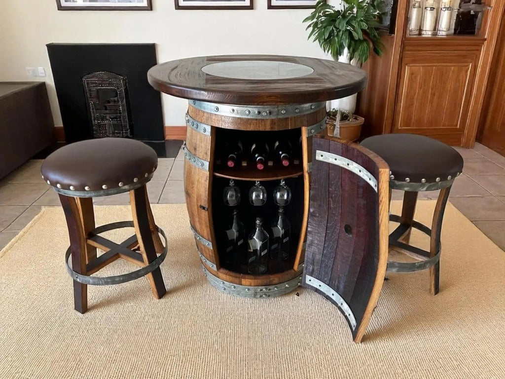 Oak Wood Wine Barrels Oak Barrel Pub Table Set, Counter Height Wood Glass Top, Cabinet Storage, Bar Stools, Home Bar, Man Cave - Handmade from Family Business