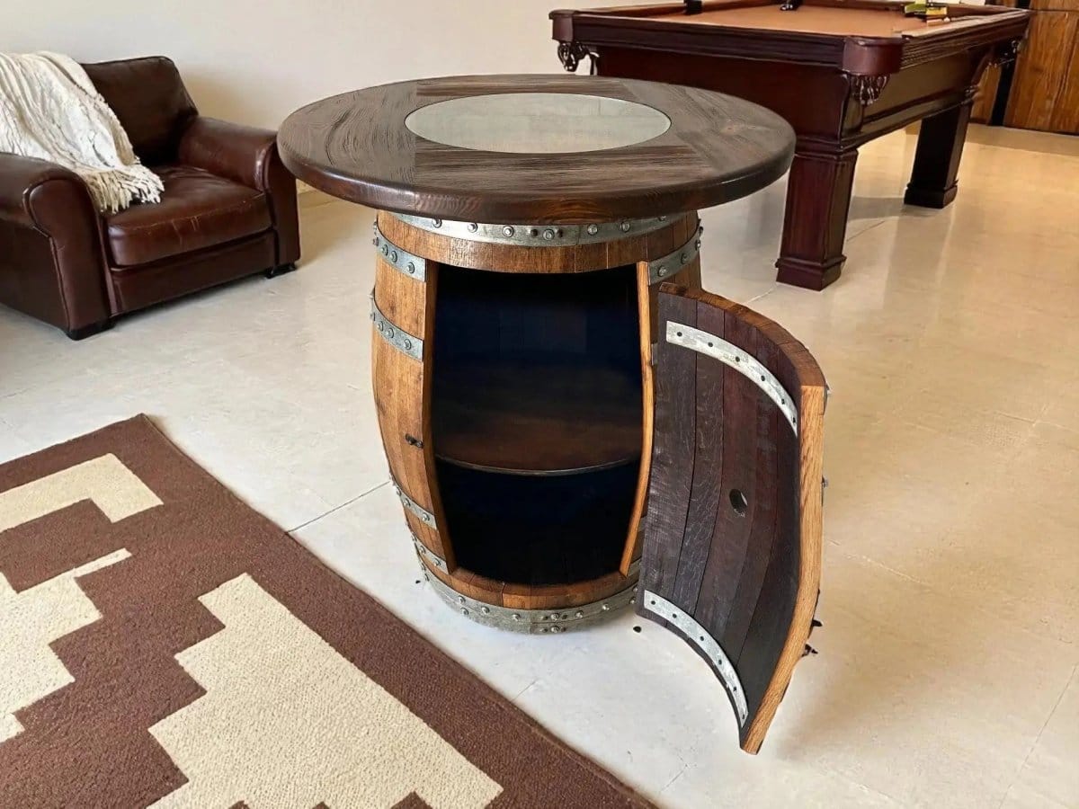 Oak Wood Wine Barrels Oak Barrel Pub Table Set, Counter Height Wood Glass Top, Cabinet Storage, Bar Stools, Home Bar, Man Cave - Handmade from Family Business