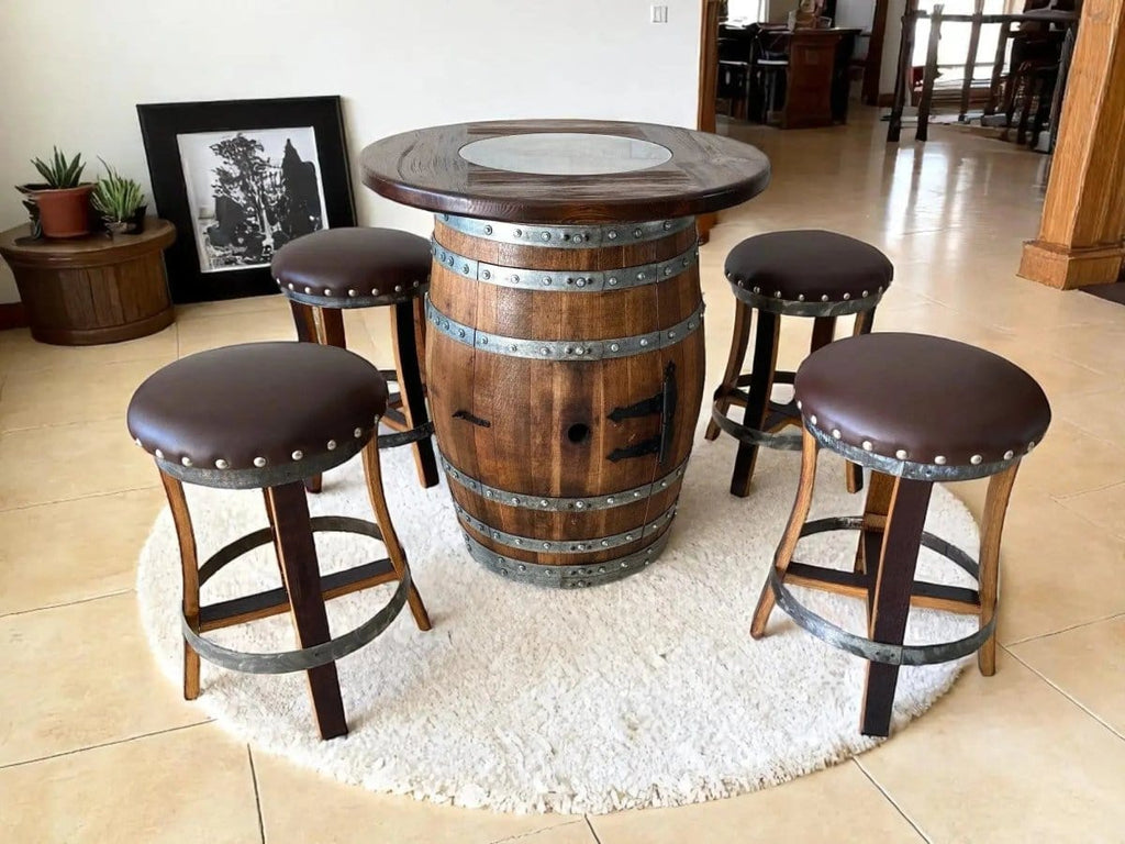 Oak Wood Wine Barrels Oak Barrel Pub Table Set, Counter Height Wood Glass Top, Cabinet Storage, Bar Stools, Home Bar, Man Cave - Handmade from Family Business