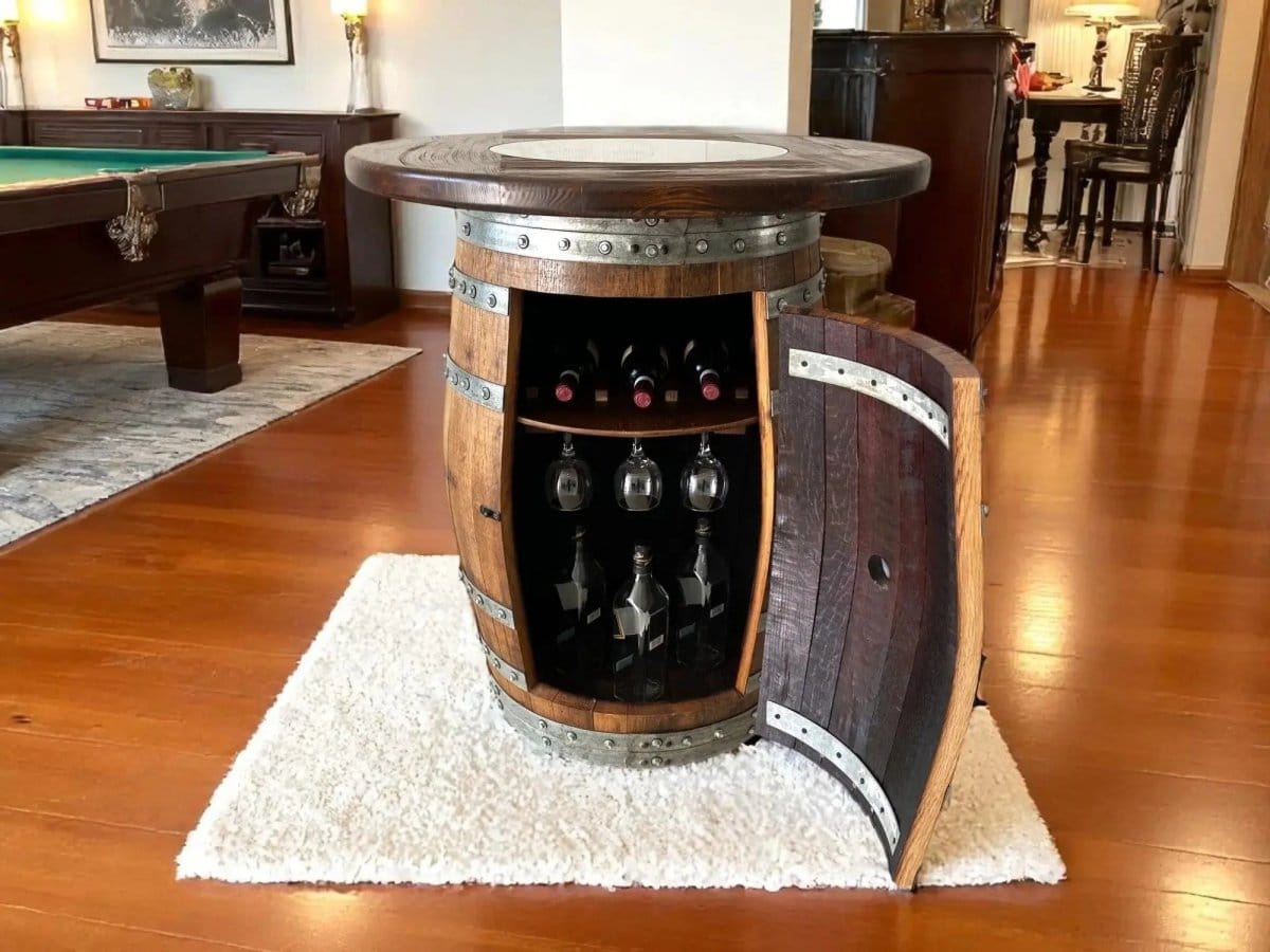 Oak Wood Wine Barrels Oak Barrel Pub Table Set, Counter Height Wood Glass Top, Cabinet Storage, Bar Stools, Home Bar, Man Cave - Handmade from Family Business