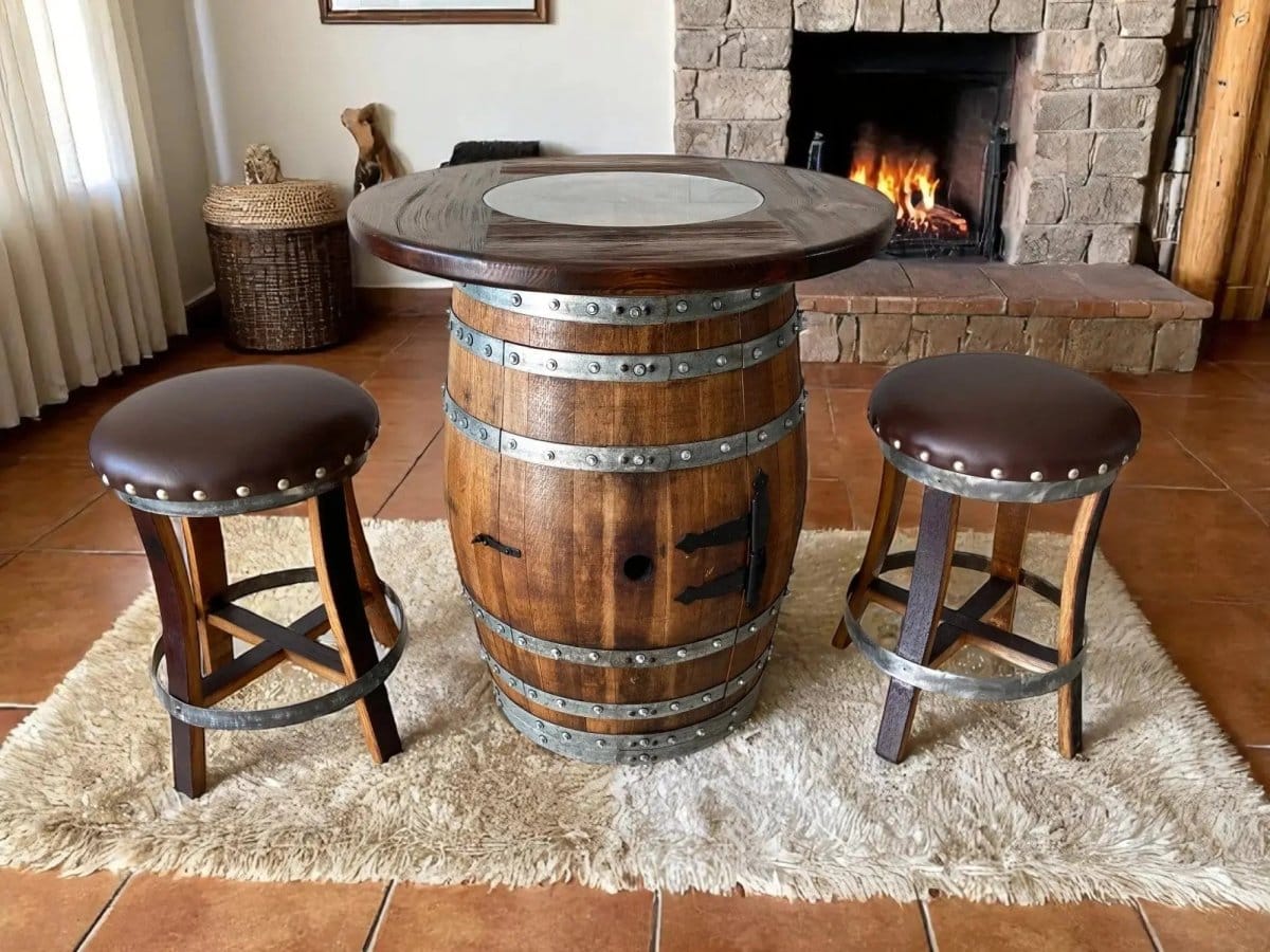 Oak Wood Wine Barrels Oak Barrel Pub Table Set, Counter Height Wood Glass Top, Cabinet Storage, Bar Stools, Home Bar, Man Cave - Handmade from Family Business