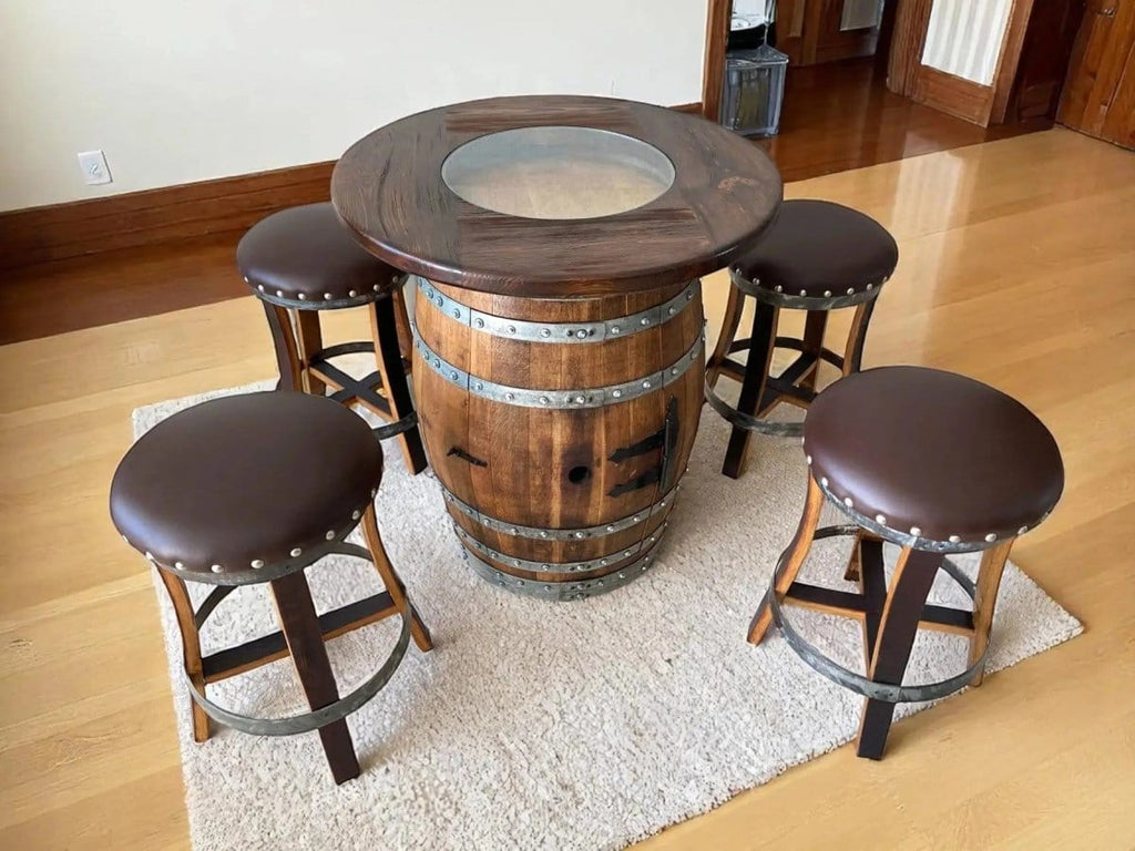 Oak Wood Wine Barrels Oak Barrel Pub Table Set, Counter Height Wood Glass Top, Cabinet Storage, Bar Stools, Home Bar, Man Cave - Handmade from Family Business