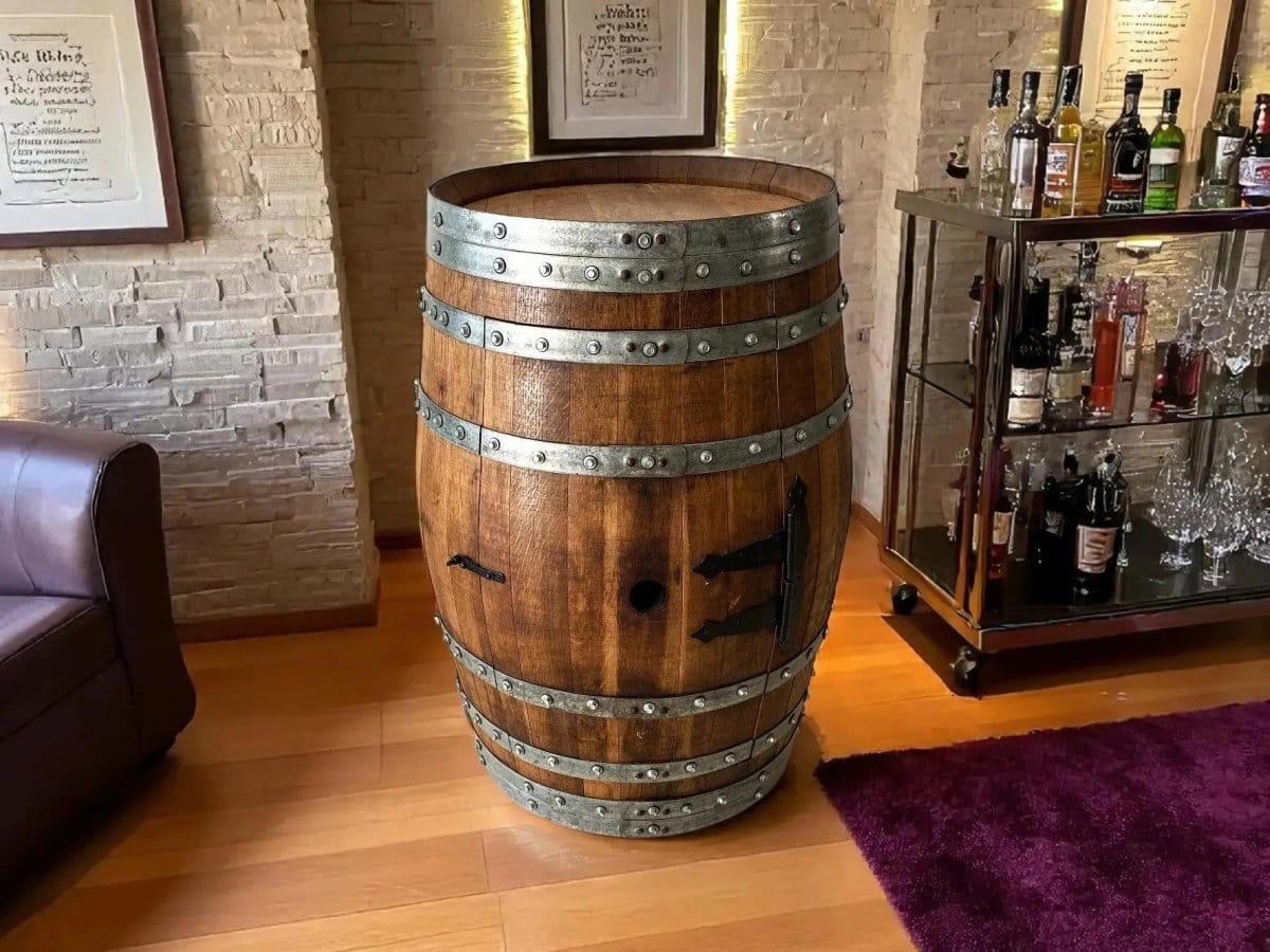 Oak Wood Wine Barrels Oak Barrel Pub Table Set, Counter Height Wood Glass Top, Cabinet Storage, Bar Stools, Home Bar, Man Cave - Handmade from Family Business