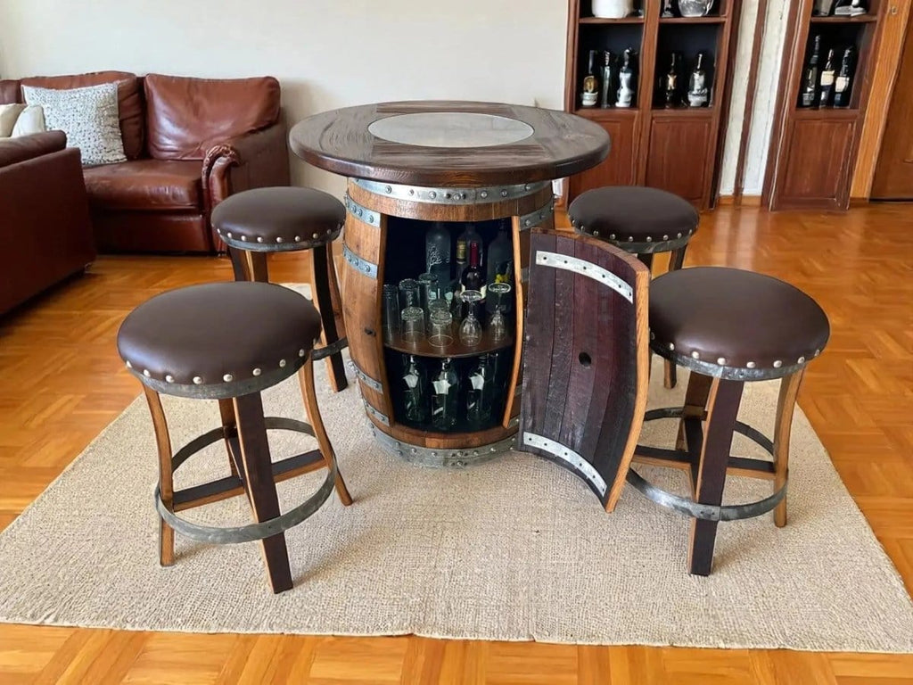 Oak Wood Wine Barrels Oak Barrel Pub Table Set, Counter Height Wood Glass Top, Cabinet Storage, Bar Stools, Home Bar, Man Cave - Handmade from Family Business
