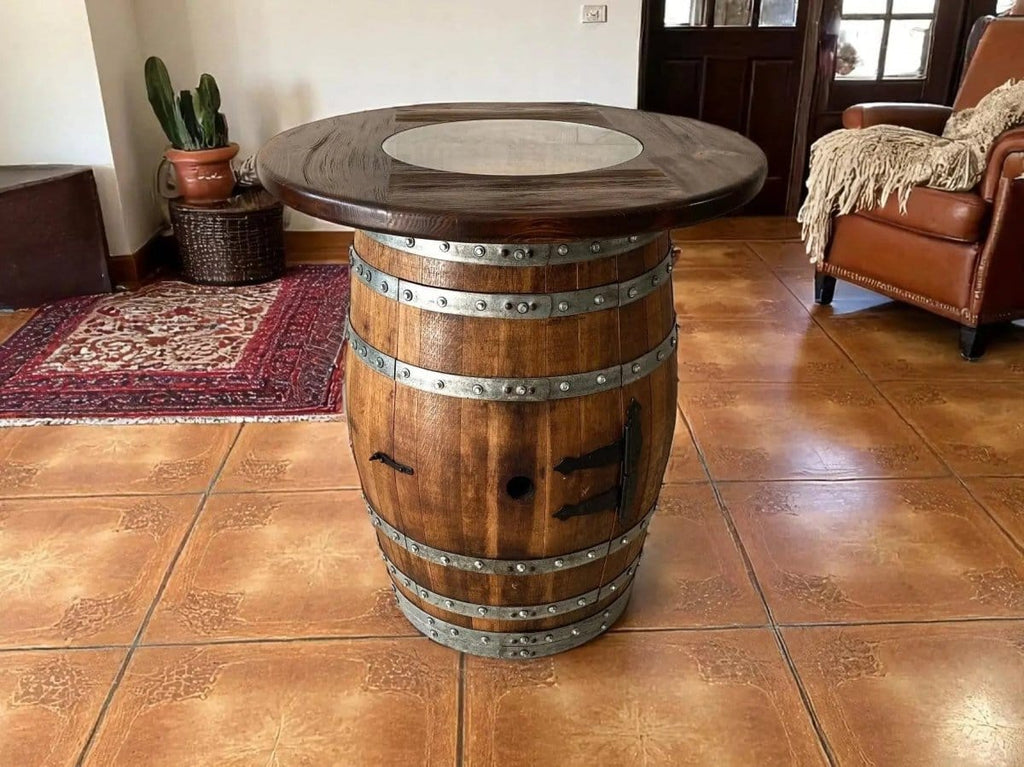 Oak Wood Wine Barrels Oak Barrel Pub Table Set, Counter Height Wood Glass Top, Cabinet Storage, Bar Stools, Home Bar, Man Cave - Handmade from Family Business