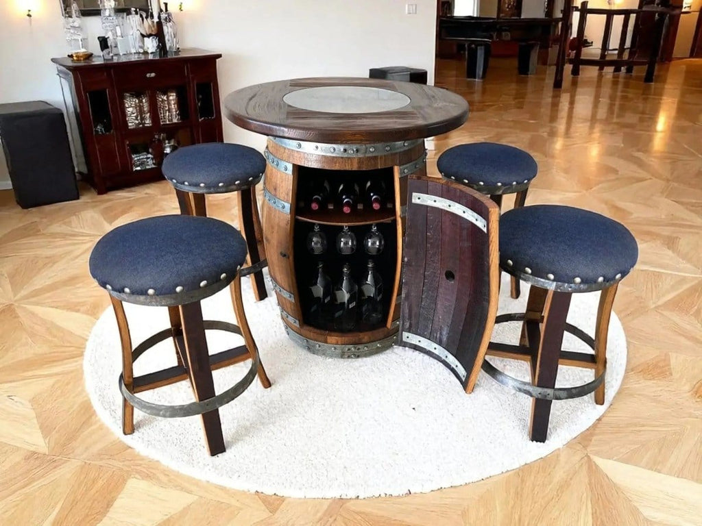 Oak Wood Wine Barrels Oak Barrel Pub Table Set, Limited Colorways, Counter Height Wood Glass Top, Cabinet Storage, Bar Stools, Home Bar, Man Cave - Handmade from Family Business