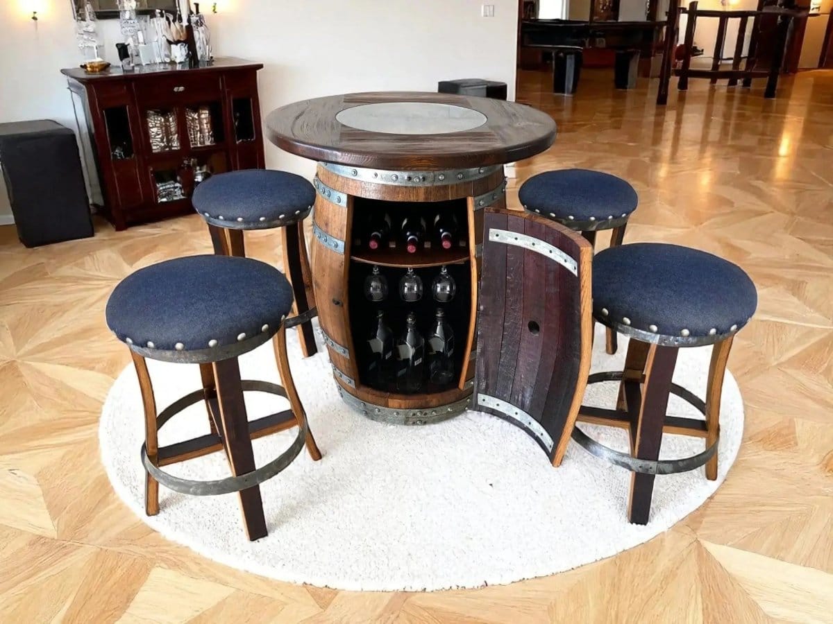 Oak Wood Wine Barrels Oak Barrel Pub Table Set, Limited Colorways, Counter Height Wood Glass Top, Cabinet Storage, Bar Stools, Home Bar, Man Cave - Handmade from Family Business