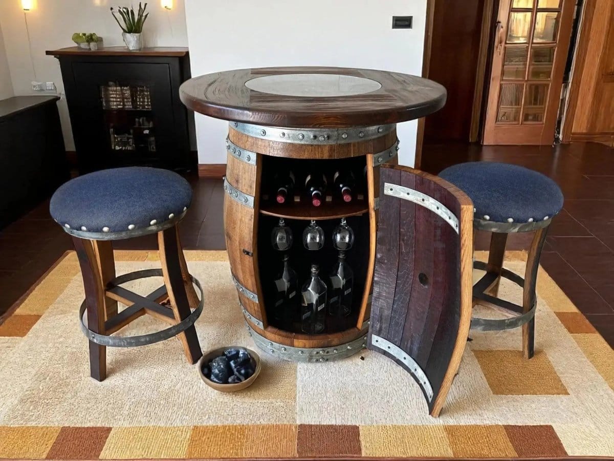 Oak Wood Wine Barrels Oak Barrel Pub Table Set, Limited Colorways, Counter Height Wood Glass Top, Cabinet Storage, Bar Stools, Home Bar, Man Cave - Handmade from Family Business