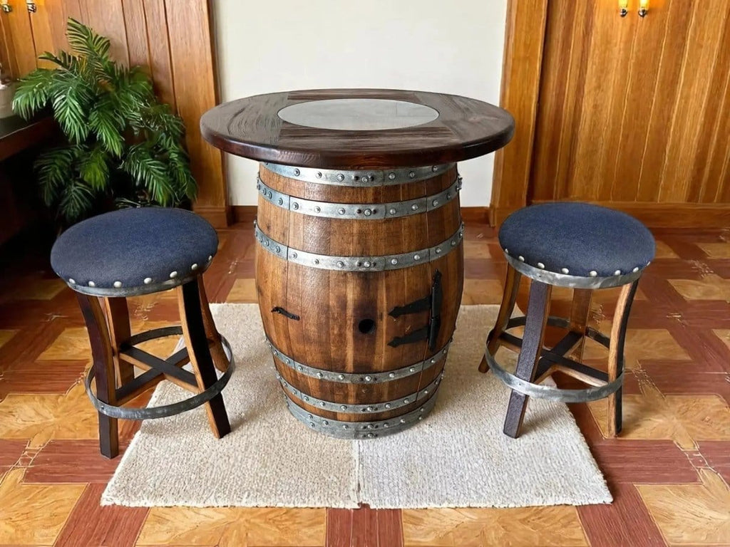 Oak Wood Wine Barrels Oak Barrel Pub Table Set, Limited Colorways, Counter Height Wood Glass Top, Cabinet Storage, Bar Stools, Home Bar, Man Cave - Handmade from Family Business