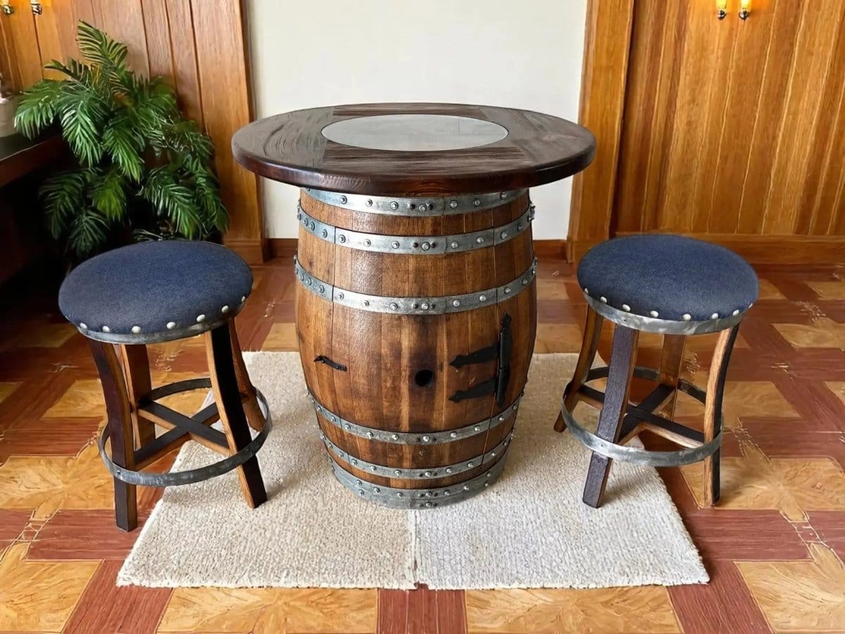 Oak Wood Wine Barrels Oak Barrel Pub Table Set, Limited Colorways, Counter Height Wood Glass Top, Cabinet Storage, Bar Stools, Home Bar, Man Cave - Handmade from Family Business