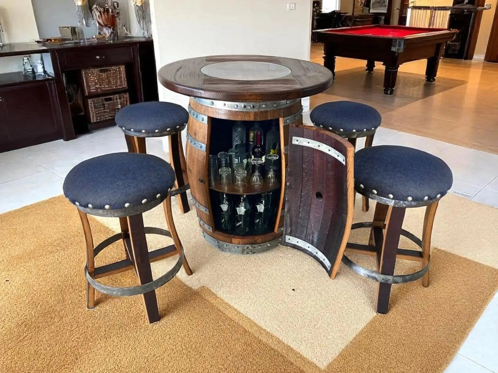 Oak Wood Wine Barrels Oak Barrel Pub Table Set, Limited Colorways, Counter Height Wood Glass Top, Cabinet Storage, Bar Stools, Home Bar, Man Cave - Handmade from Family Business