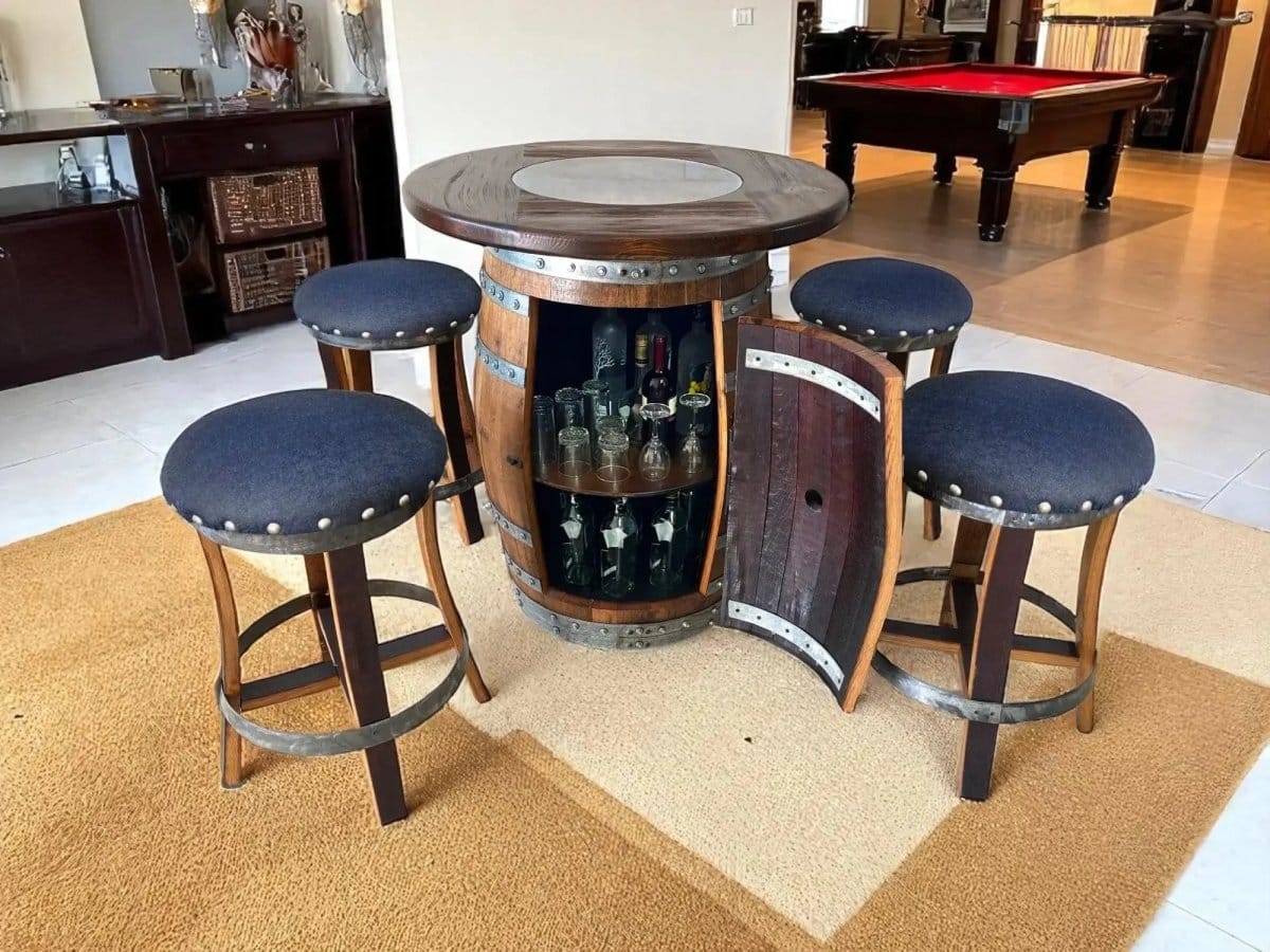 Oak Wood Wine Barrels Oak Barrel Pub Table Set, Limited Colorways, Counter Height Wood Glass Top, Cabinet Storage, Bar Stools, Home Bar, Man Cave - Handmade from Family Business