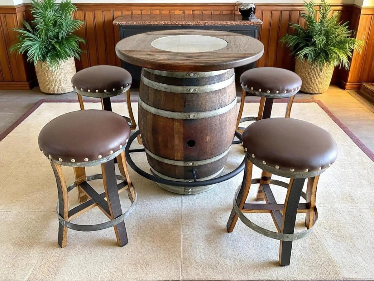 Oak Wood Wine Barrels Oak Wine Barrel Whiskey Bistro Pub Table Set, Footrail, Bar Stools, Home Bar, Man Cave, Whiskey Bistro, Wine Bistro, Barrel Bar, Glass Top