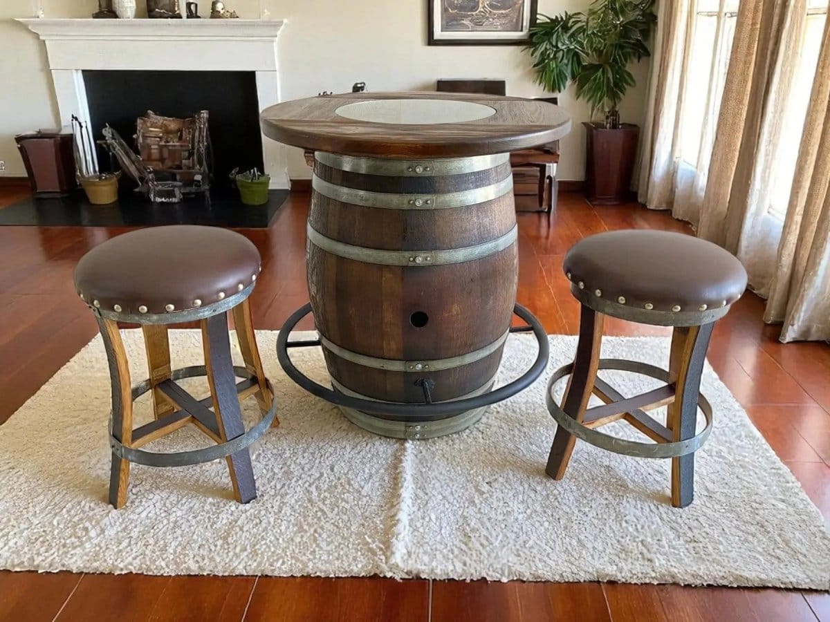 Oak Wood Wine Barrels Oak Wine Barrel Whiskey Bistro Pub Table Set, Footrail, Bar Stools, Home Bar, Man Cave, Whiskey Bistro, Wine Bistro, Barrel Bar, Glass Top