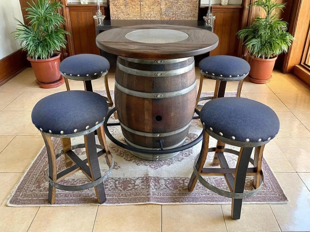 Oak Wood Wine Barrels Oak Wine Barrel Whiskey Bistro Pub Table Set, Footrail, Bar Stools, Home Bar, Man Cave, Whiskey Bistro, Wine Bistro, Barrel Bar, Glass Top