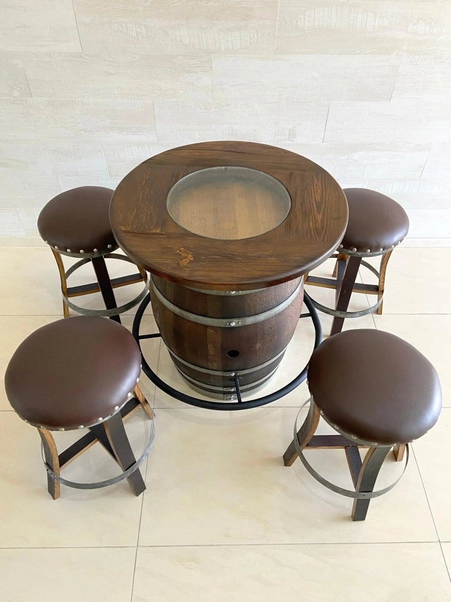 Oak Wood Wine Barrels Oak Wine Barrel Whiskey Bistro Pub Table Set, Footrail, Bar Stools, Home Bar, Man Cave, Whiskey Bistro, Wine Bistro, Barrel Bar, Glass Top