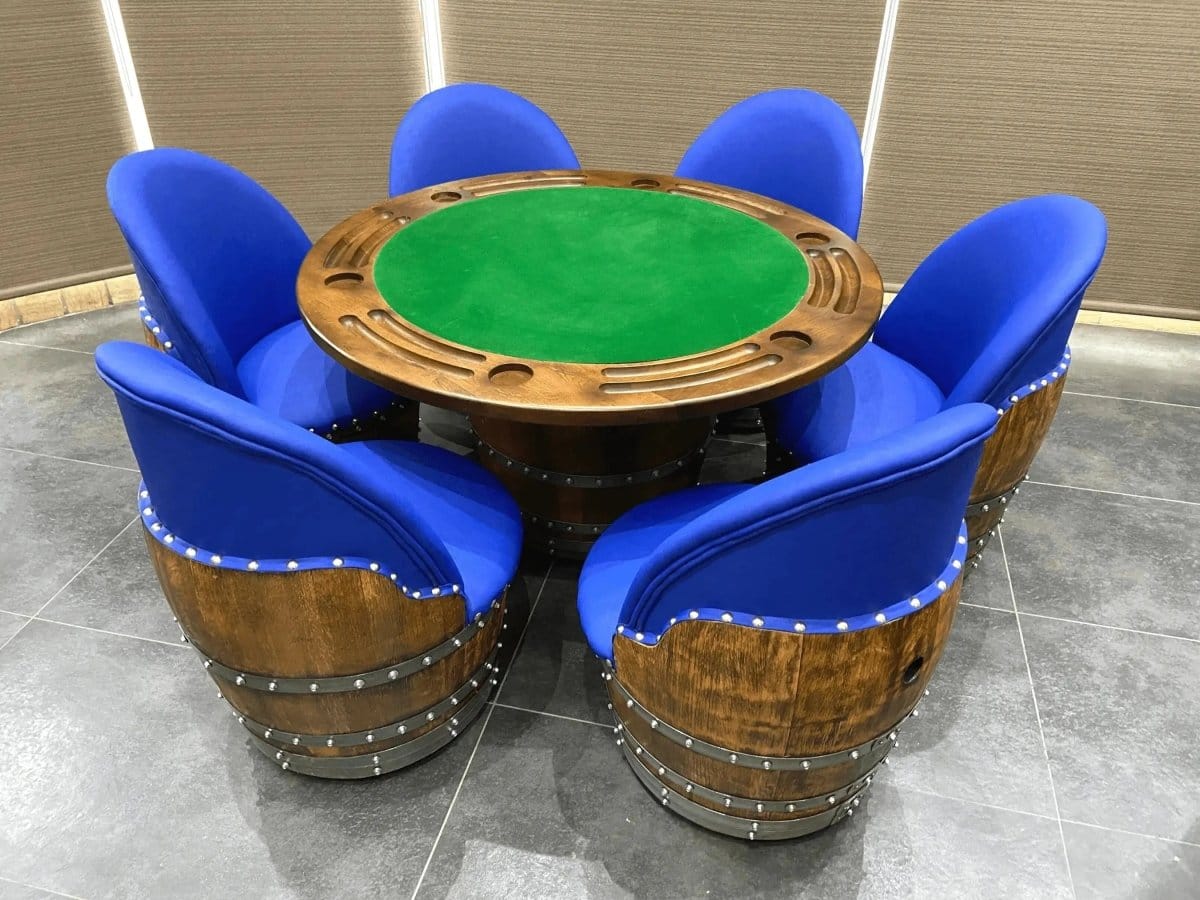 Oak Wood Wine Barrels Sea Blue (Limited Colorway) / No Removable Dining Top Wine Barrel Poker Set with Removable Dining Top - Game Table & Barrel Chair - Wine Barrel Table for Dining and Poker