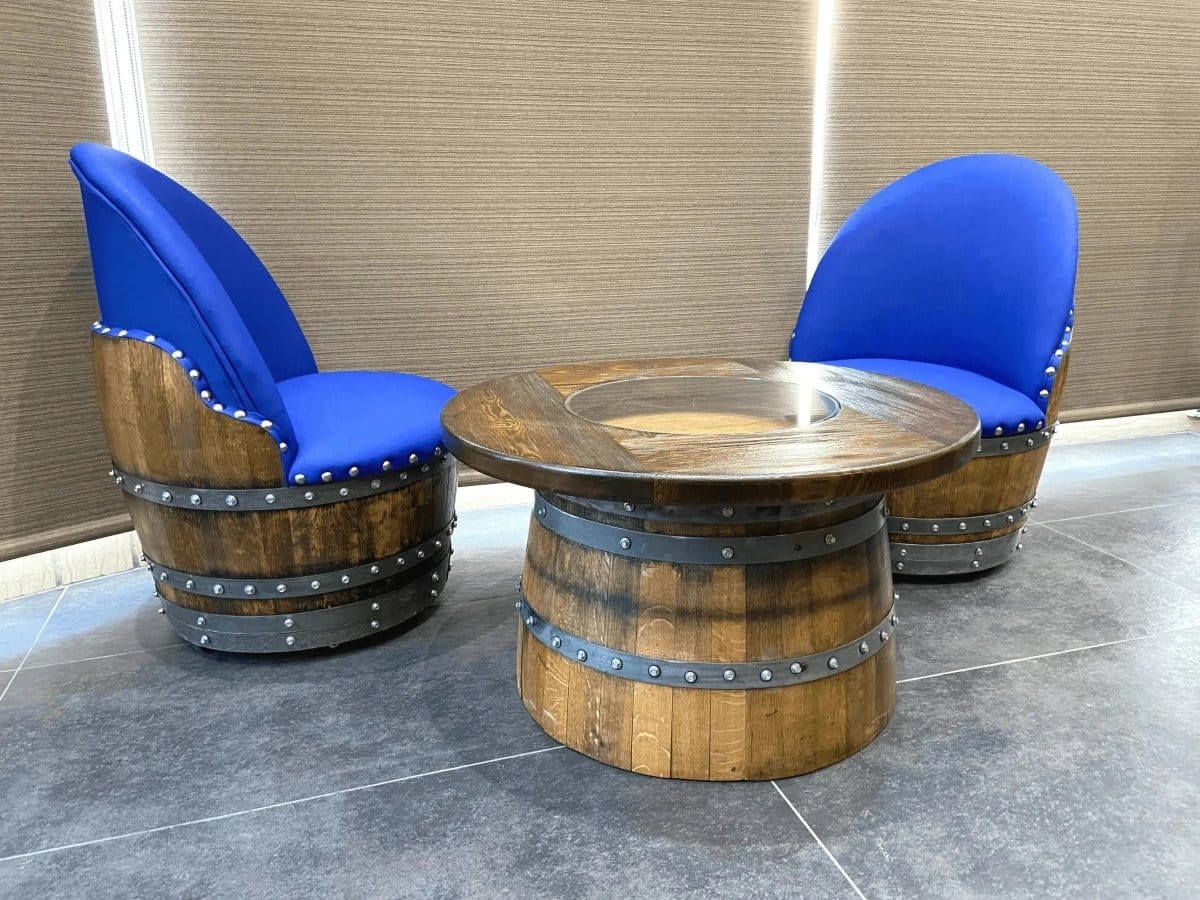 Oak Wood Wine Barrels Sea Blue (Limited Colorway) Wine Barrel Full Round Coffee Table Set with 2 Chairs - Rustic Whiskey Barrel Furniture Set - Handmade Solid Oak - Free Shipping