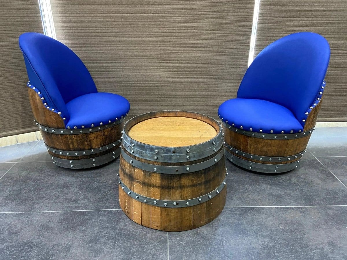 Oak Wood Wine Barrels Sea Blue (Limited Colorway) Wine Barrel Round Coffee Table Set with 2 Chairs - Rustic Whiskey Barrel Furniture Set - Handmade Solid Oak - Free Shipping