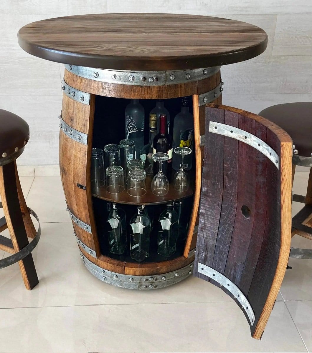Oak Wood Wine Barrels Solid Wood Top / 0 / Flat Shelf Oak Barrel Pub Table Set, Counter Height Wood Glass Top, Cabinet Storage, Bar Stools, Home Bar, Man Cave - Handmade from Family Business