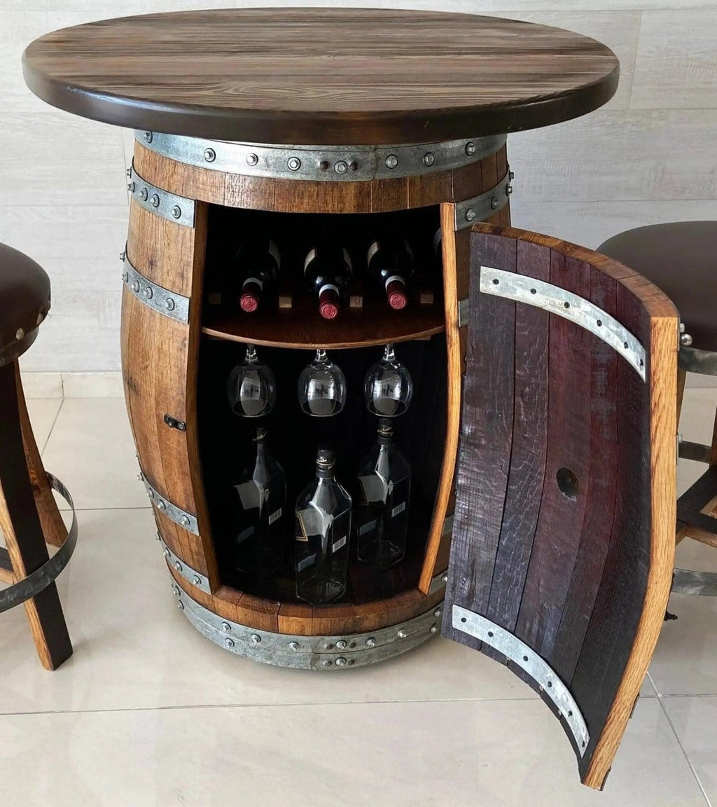Oak Wood Wine Barrels Solid Wood Top / 0 / Stemware Shelf Oak Barrel Pub Table Set, Counter Height Wood Glass Top, Cabinet Storage, Bar Stools, Home Bar, Man Cave - Handmade from Family Business