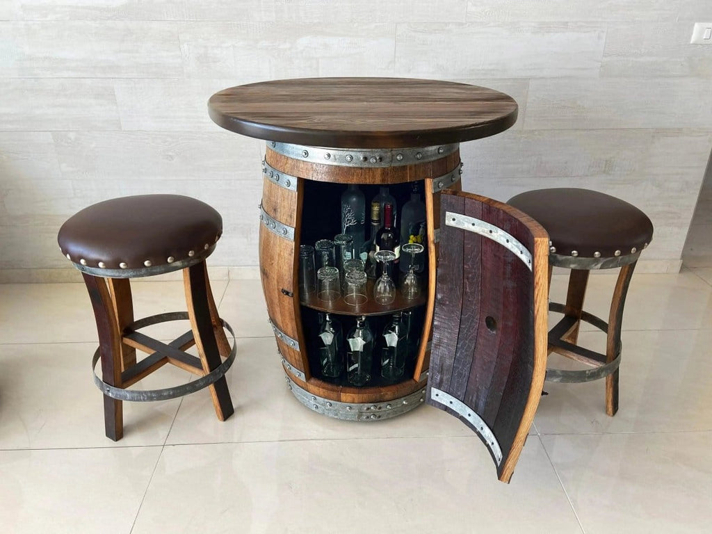 Oak Wood Wine Barrels Solid Wood Top / 2 Brown / Flat Shelf Oak Barrel Pub Table Set, Counter Height Wood Glass Top, Cabinet Storage, Bar Stools, Home Bar, Man Cave - Handmade from Family Business