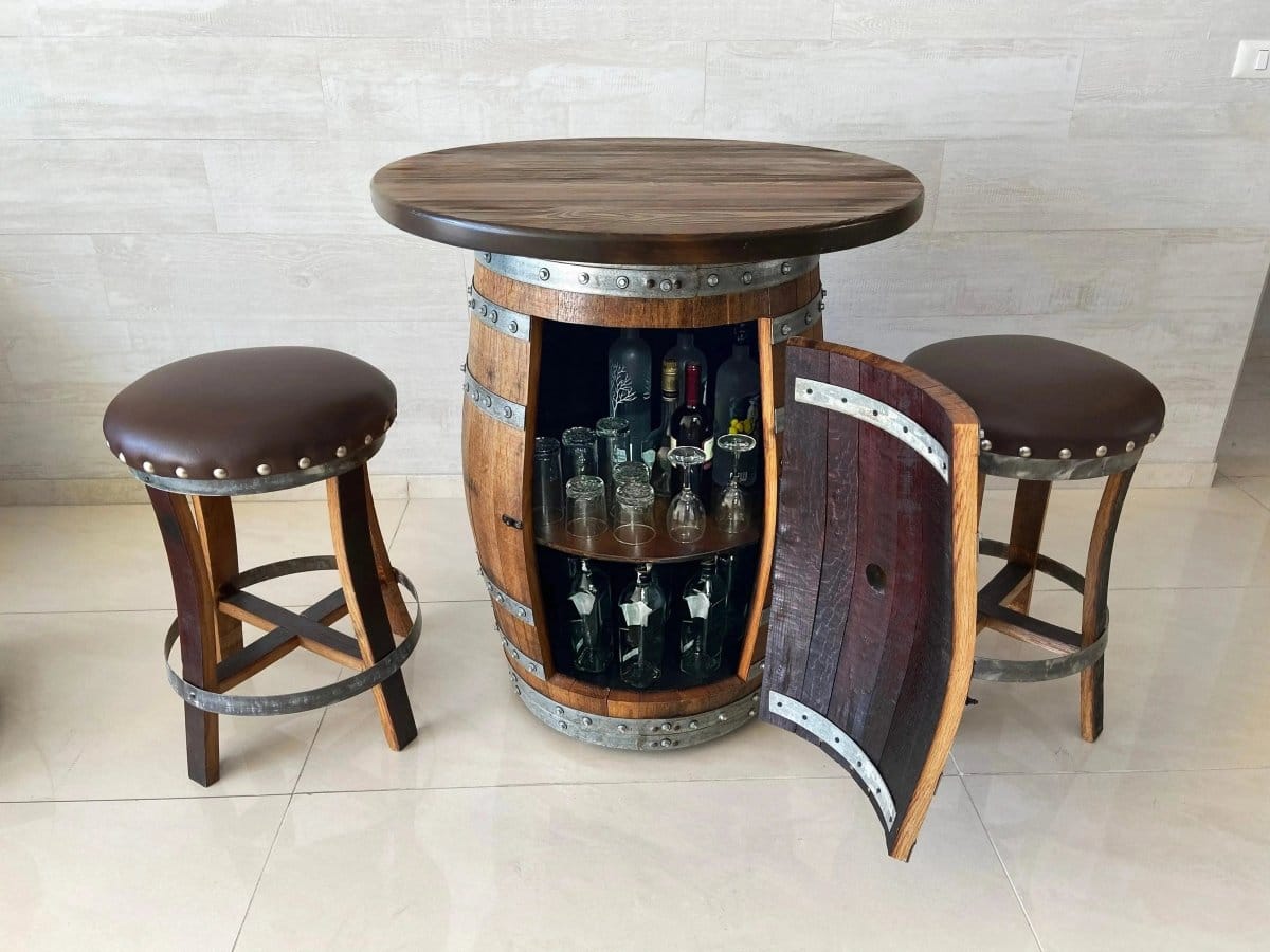 Oak Wood Wine Barrels Solid Wood Top / 2 Brown / Flat Shelf Oak Barrel Pub Table Set, Counter Height Wood Glass Top, Cabinet Storage, Bar Stools, Home Bar, Man Cave - Handmade from Family Business