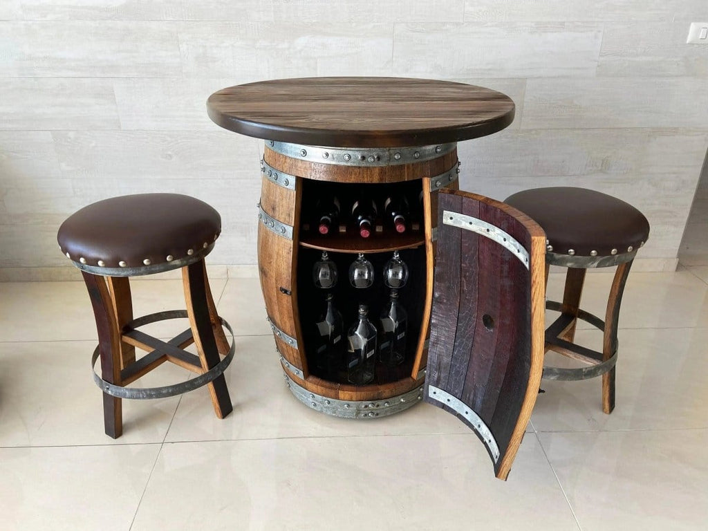 Oak Wood Wine Barrels Solid Wood Top / 2 Brown / Stemware Shelf Oak Barrel Pub Table Set, Counter Height Wood Glass Top, Cabinet Storage, Bar Stools, Home Bar, Man Cave - Handmade from Family Business