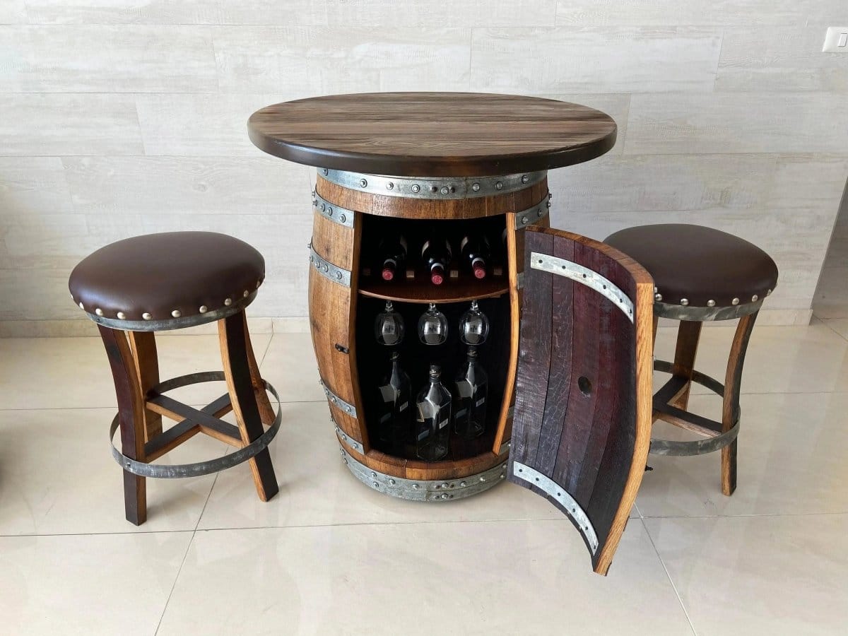 Oak Wood Wine Barrels Solid Wood Top / 2 Brown / Stemware Shelf Oak Barrel Pub Table Set, Counter Height Wood Glass Top, Cabinet Storage, Bar Stools, Home Bar, Man Cave - Handmade from Family Business