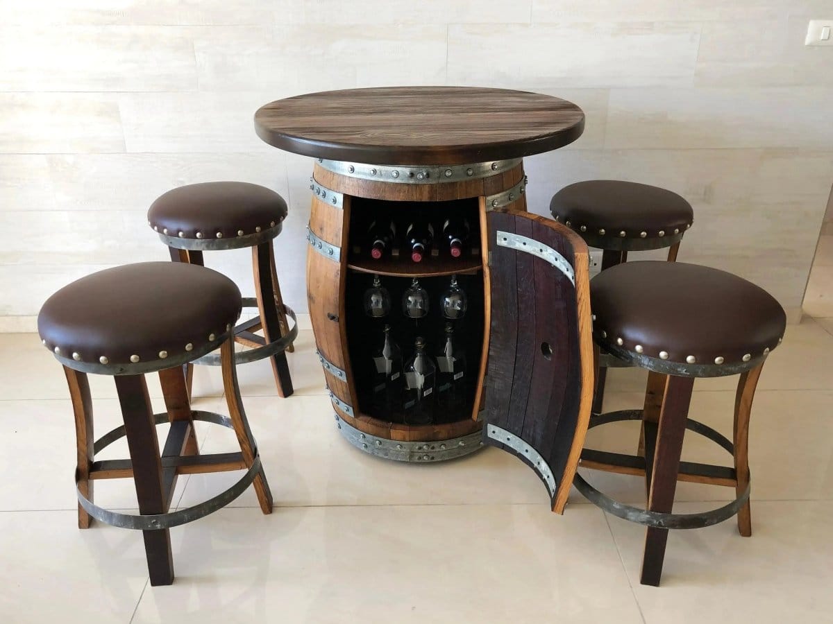 Oak Wood Wine Barrels Solid Wood Top / 4 Brown / Stemware Shelf Oak Barrel Pub Table Set, Counter Height Wood Glass Top, Cabinet Storage, Bar Stools, Home Bar, Man Cave - Handmade from Family Business