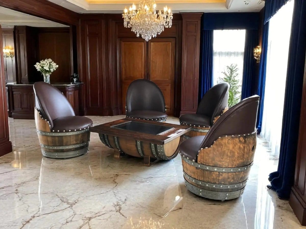 Oak Wood Wine Barrels Wine Barrel Coffee Table Set with 4 Chairs - Rustic Whiskey Barrel Furniture Set - Handmade Solid Oak - Free Shipping