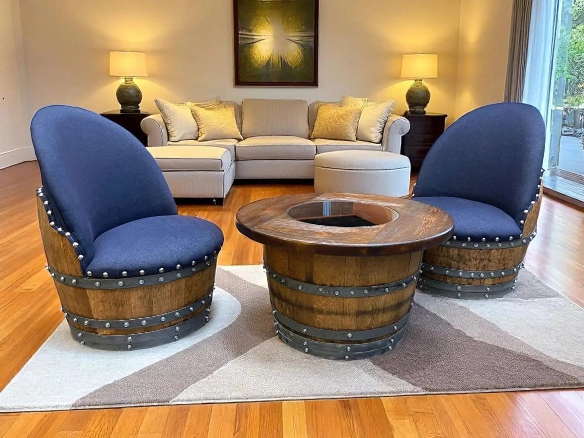 Oak Wood Wine Barrels Wine Barrel Full Round Coffee Table Set with 2 Chairs - Rustic Whiskey Barrel Furniture Set - Handmade Solid Oak - Free Shipping