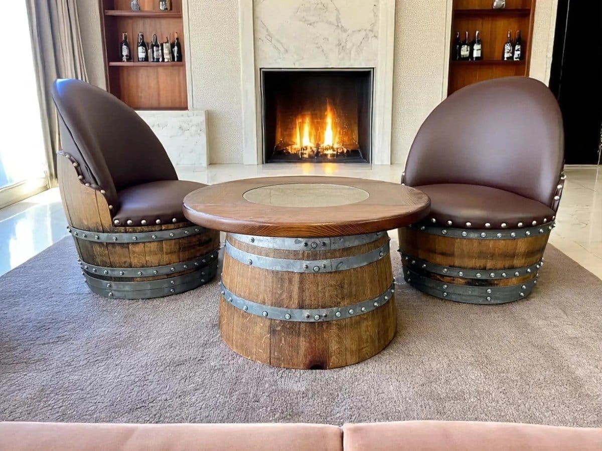 Oak Wood Wine Barrels Wine Barrel Full Round Coffee Table Set with 2 Chairs - Rustic Whiskey Barrel Furniture Set - Handmade Solid Oak - Free Shipping