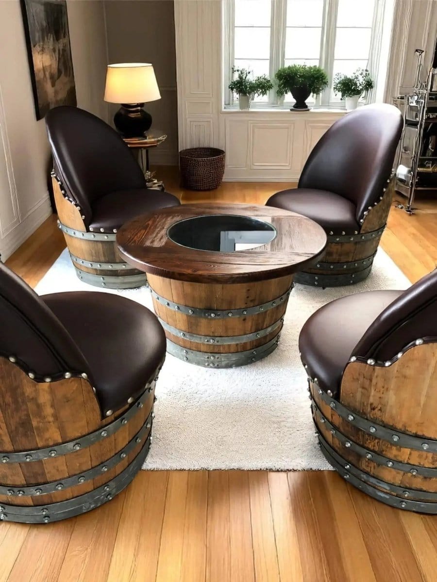 Oak Wood Wine Barrels Wine Barrel Full Round Coffee Table Set with 4 Chairs - Rustic Whiskey Barrel Furniture Set - Handmade Solid Oak - Free Shipping