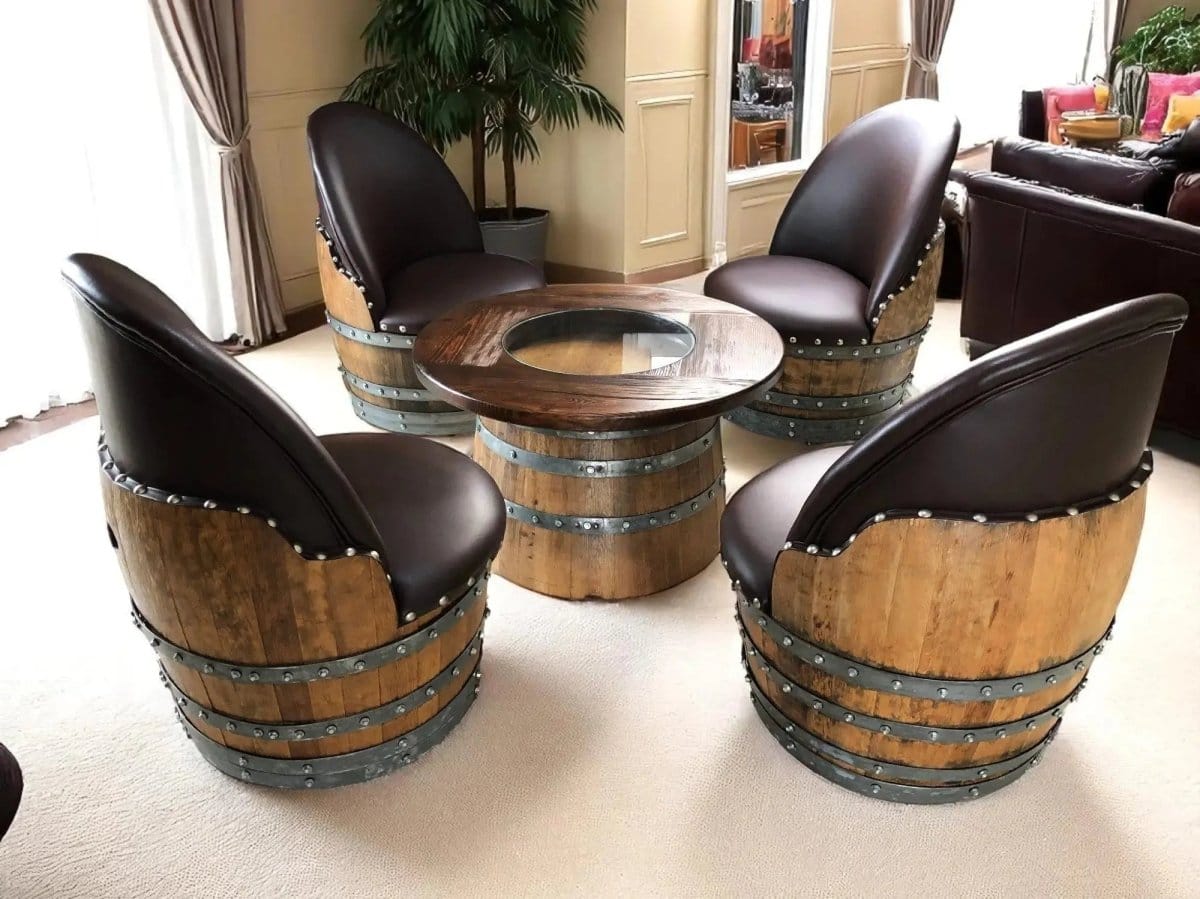 Oak Wood Wine Barrels Wine Barrel Full Round Coffee Table Set with 4 Chairs - Rustic Whiskey Barrel Furniture Set - Handmade Solid Oak - Free Shipping