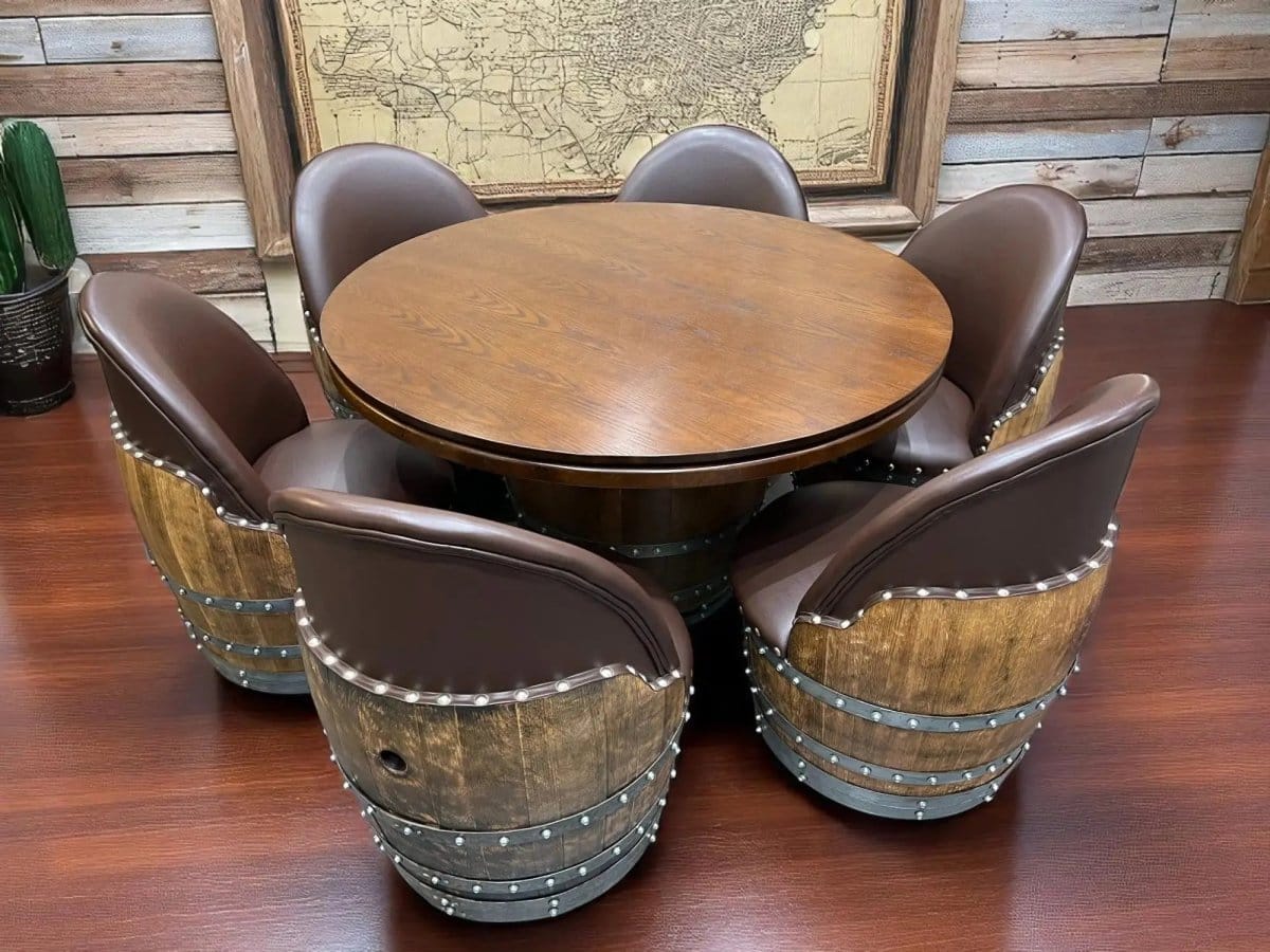 Oak Wood Wine Barrels Wine Barrel Poker Set with Removable Dining Top - Game Table & Barrel Chair - Wine Barrel Table for Dining and Poker