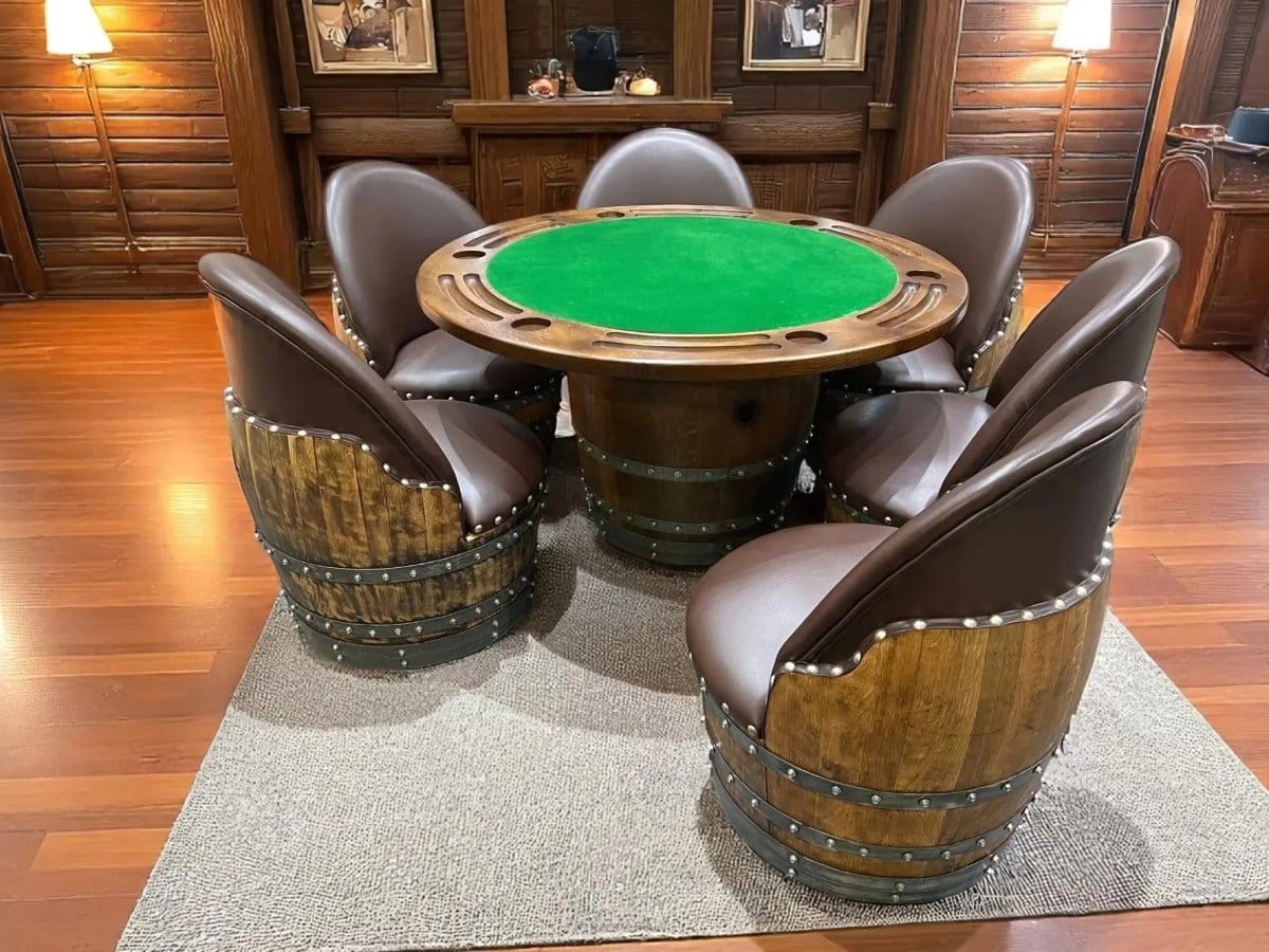 Oak Wood Wine Barrels Wine Barrel Poker Set with Removable Dining Top - Game Table & Barrel Chair - Wine Barrel Table for Dining and Poker