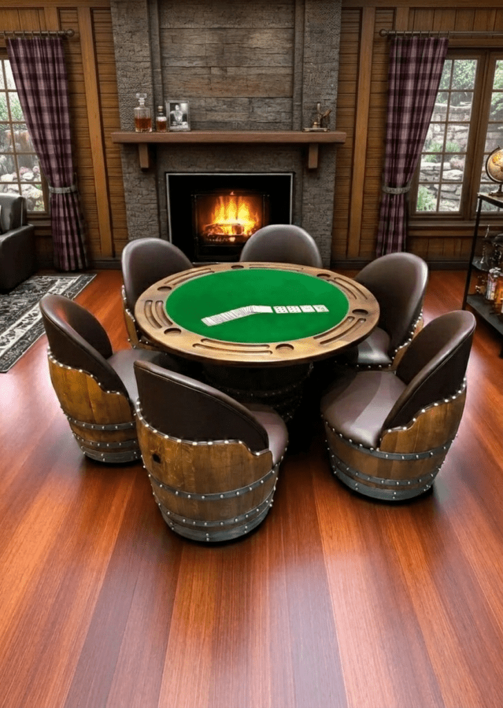 Oak Wood Wine Barrels Wine Barrel Poker Set with Removable Dining Top - Game Table & Barrel Chair - Wine Barrel Table for Dining and Poker