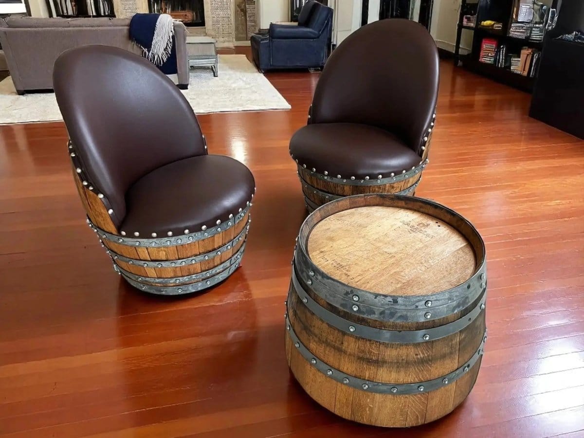 Oak Wood Wine Barrels Wine Barrel Round Coffee Table Set with 2 Chairs - Rustic Whiskey Barrel Furniture Set - Handmade Solid Oak - Free Shipping