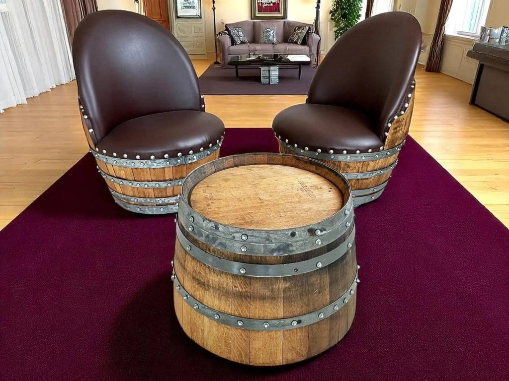 Oak Wood Wine Barrels Wine Barrel Round Coffee Table Set with 2 Chairs - Rustic Whiskey Barrel Furniture Set - Handmade Solid Oak - Free Shipping