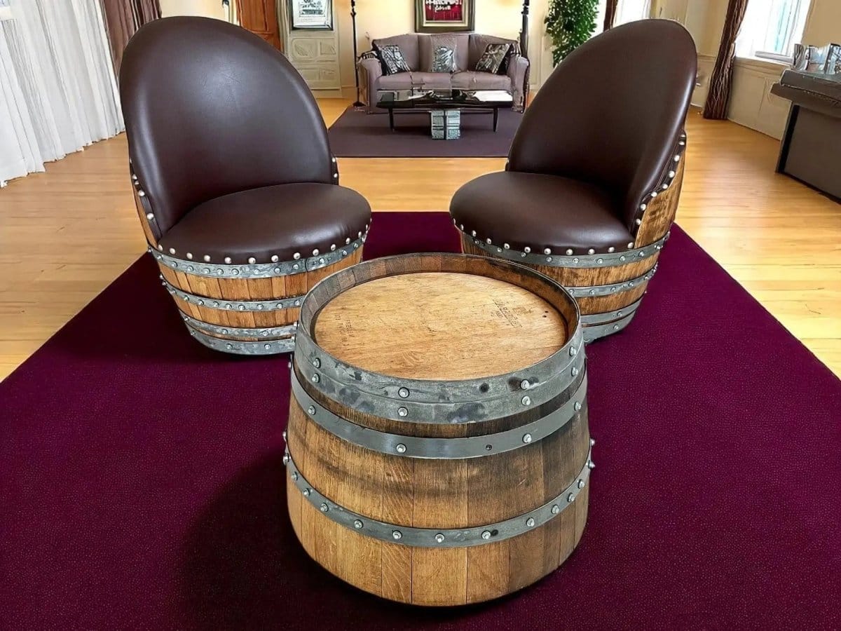 Oak Wood Wine Barrels Wine Barrel Round Coffee Table Set with 2 Chairs - Rustic Whiskey Barrel Furniture Set - Handmade Solid Oak - Free Shipping