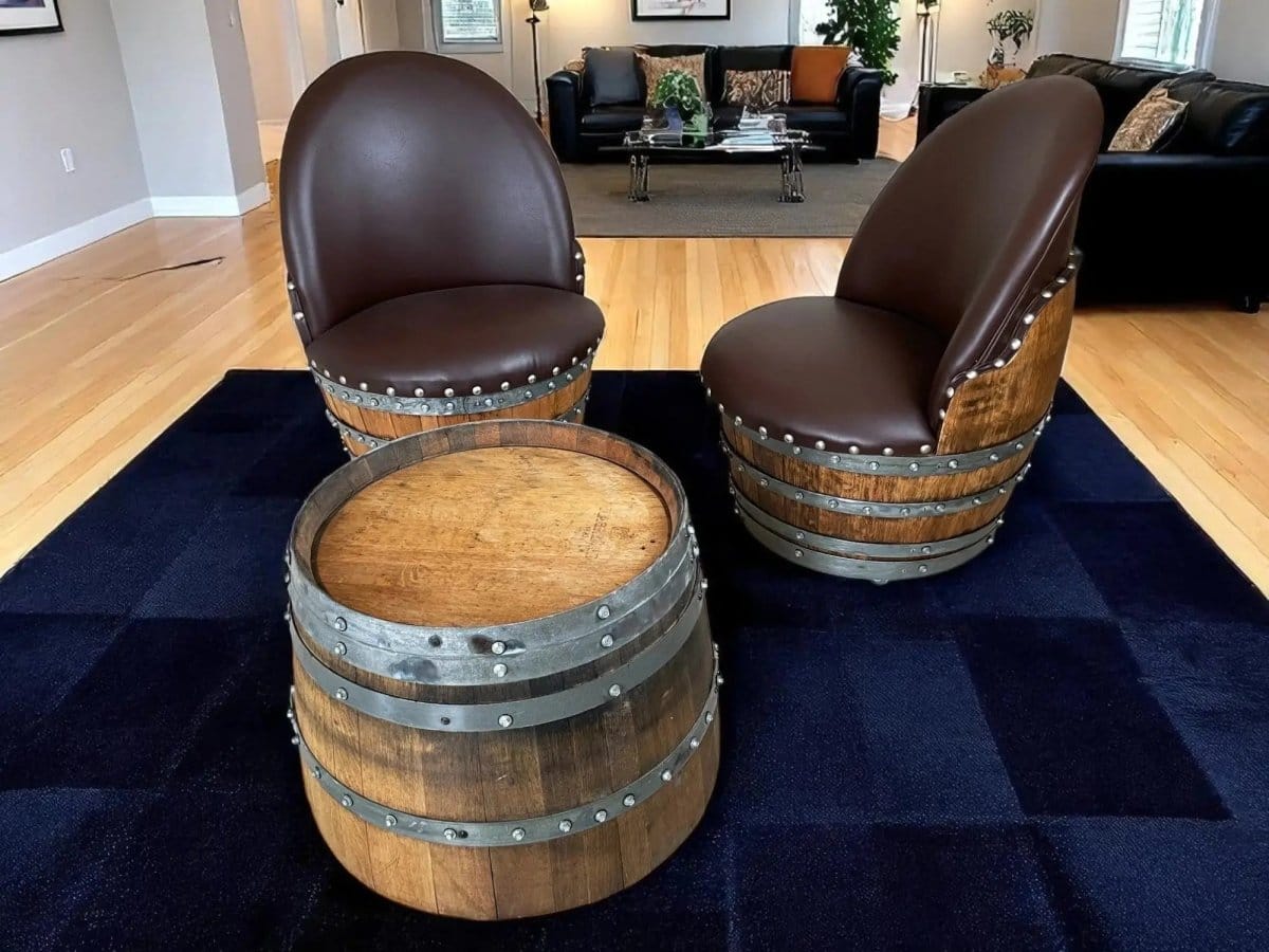 Oak Wood Wine Barrels Wine Barrel Round Coffee Table Set with 2 Chairs - Rustic Whiskey Barrel Furniture Set - Handmade Solid Oak - Free Shipping