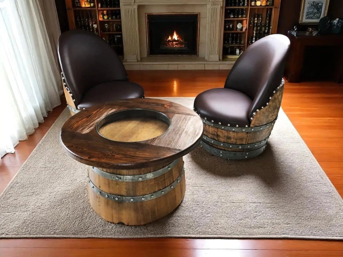 Oak Wood Wine Barrels Wood-Glass Half-Barrel Coffee Table With Removable Glass Top - Wine/Whiskey/Bourbon Barrel Storage Table - Rustic Furniture